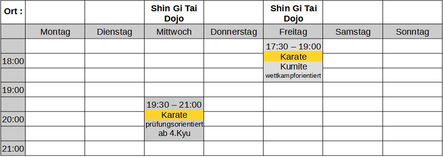 Trainingszeiten Tung Dojo Mittwochs und Freitags bei ShinGiTai (Tabelle)