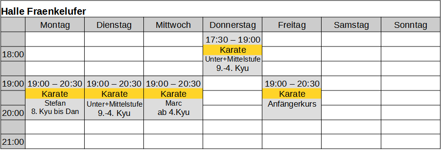 Karate in Berlin: Belegung Tung Dojo Sporthalle Fraenkelufer